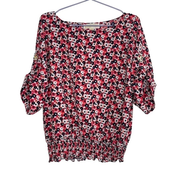 Michael Michael Kors Geranium Pink and Navy Blue Floral Blouse Smocked Bottom - Picture 1 of 8